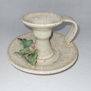 Vintage JS Pottery Stoneware Holly & Berry Candle Holder * Artist Signed *Glazed